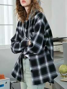 Vintage Hooded Loose Casual Slouchy Plaid Shacket, Versatile For Women, Spring/Autumn