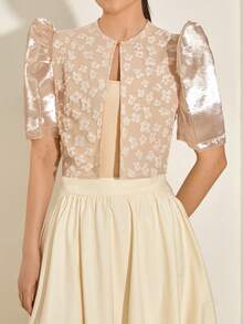 Amyenjoylife Modern Filipiniana 女款春夏花卉泡泡袖休闲短袖开衫上衣 - 香檳色 - 查看 5