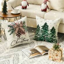 4 buah Sarung Bantal Pohon Natal, Rusa Kutub, Kepingan Salju, Sarung Bantal Sofa Dekoratif Musim Dingin Bertema Buah Berry Merah Natal, Satu Sisi Tanpa Isian Bantal - Hijau - View 7