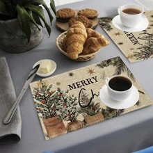 1 pieza/4 piezas/6 piezas Manteles individuales de lino con estampado de copos de nieve y árboles de Navidad, decoración navideña, adecuados para mesa de comedor, todo el año, manteles de mesa modernos y lavables, decoración del hogar, manteles individuales, posavasos, alfombrillas de cocina y comedor, decoraciones de fiesta interior y exterior, regalo ideal