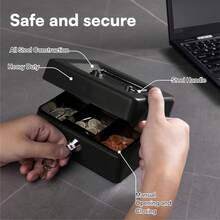 6 英寸金属钱箱带密码锁 - 耐用的钱盘存储，适用于家庭办公室、零售店和个人使用 - 安全锁箱，亮黑色表面 (15x12x9cm) - 紧凑型保险箱，可存放钞票和贵重物品 - 黑色 - 查看 6