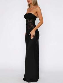 一件装女士优雅性感蕾丝拼接鱼尾连衣裙，适合商务场合、晚宴、婚礼、毕业派对、生日派对、新年夜、情人节约会、聚会等黑色夏季穿着 - 黑色 - 查看 5