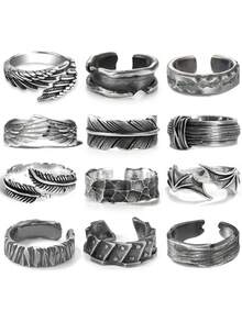 12PCS/ Vintage Rings Men Cool Adjustable Angel Wings Ring Gothic Punk Open Ring Set, Metal, No Gemstones Fashionable Men's Jewelry Gift Rings For Men Rings Jewelry For Men - Multicolor - View 8