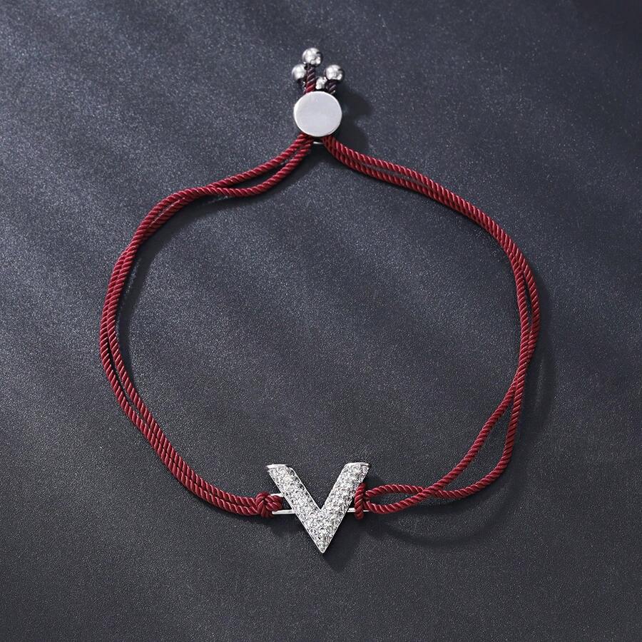 1 件优雅微镶嵌锆石铜 V 形字母编织绳手链，可调节尺寸，适合女性日常佩戴 - V型手繩 - 查看 1