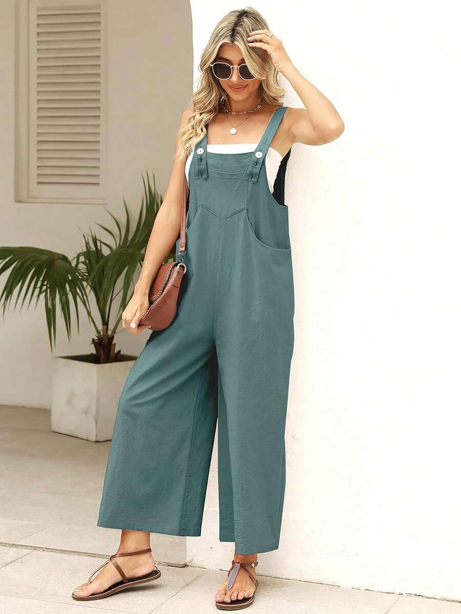 Women's Linen Jumpsuit - Summer Sleeveless Bib Overalls With Pockets, Baggy Wide Leg Romper Casual Boho Beach Jumpsuit For Vacation - 水鴨藍 - 查看 1