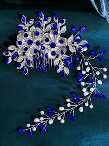1pc Handmade Alloy Leaf Headband, Elegant Fashion Accessory For Brides And Bridesmaids - Màu xanh lam - Xem 4