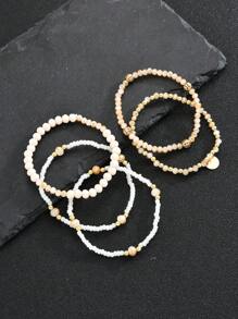 5pcs/Set Fashionable & Versatile Rice Pearl Bead Round Pendant Stacked Bracelets, Suitable For Women Summer Beach Vacation Daily Accessories