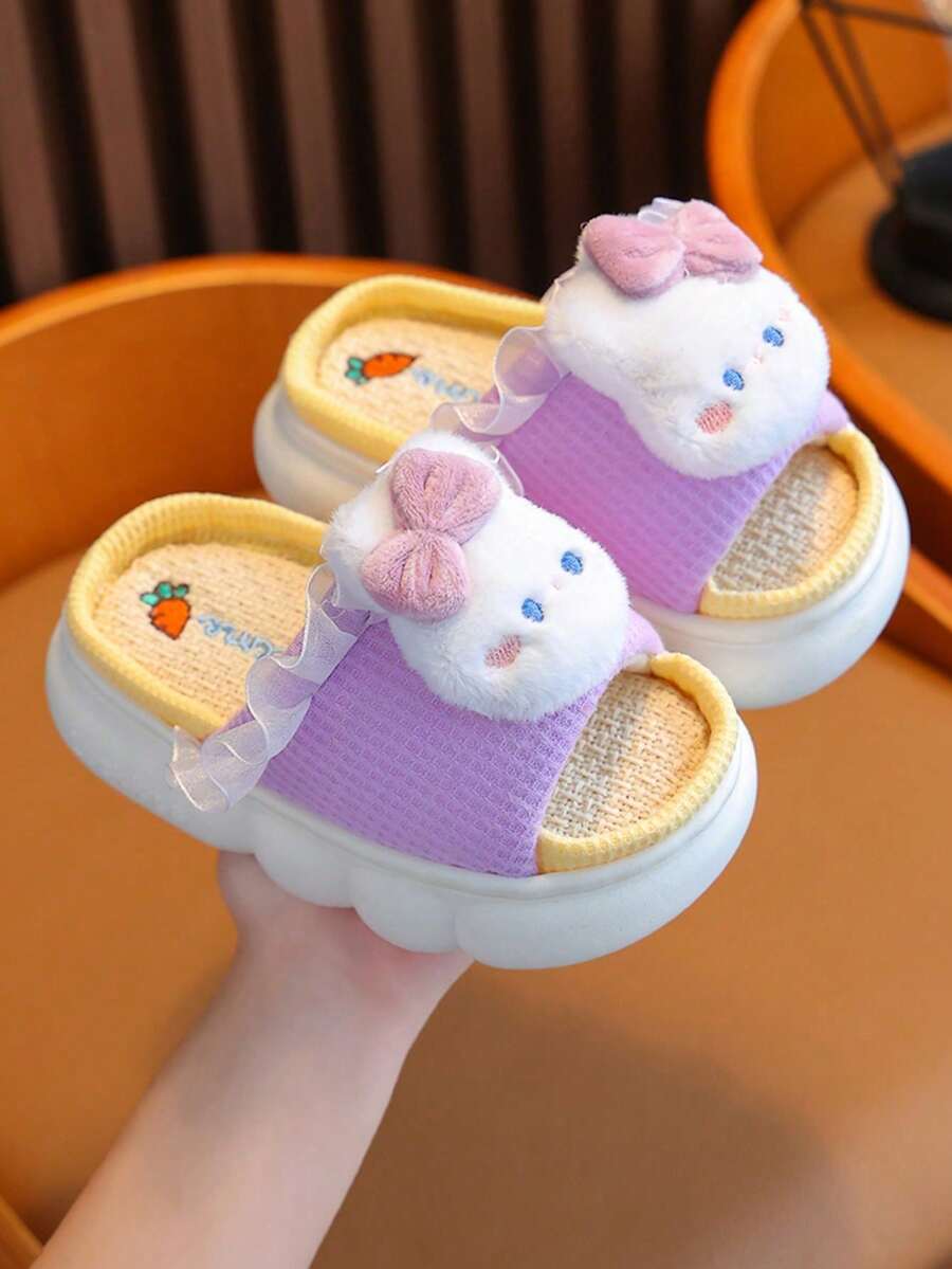 1 Pair Kids Linen Rabbit Slippers, Spring Autumn Girls Home Non-Slip All Season Boys Floor Slippers Winter