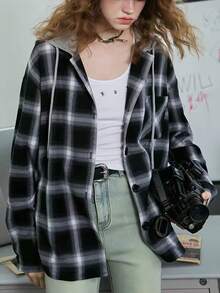 Vintage Hooded Loose Casual Slouchy Plaid Shacket, Versatile For Women, Spring/Autumn