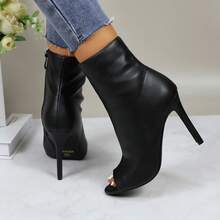 Womens Peep Toe Stiletto Booties Side Zipper High Heel Open Toe Ankle Boots CHARLIE-212 - 黑色 - 查看 5