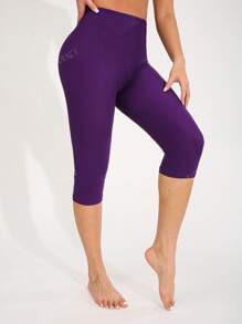 Women's Casual Elastic Sports Leggings, Soft & Comfortable Brushed Solid Color Tights For Fitness, Workout, Running, Home Exercise, Yoga, Outdoor, Beach, Party, Walking, Cycling, Capri Length