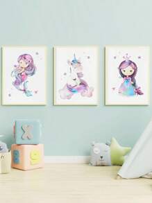 Decor pentru camera copiilor cu sirenă, decor pentru camera copiilor cu fete, imprimeuri cu sirene pentru camera fetelor, decor pentru camera copiilor cu mare, camera copiilor cu ocean, roz violet turcoaz, temă sirenă, decor modern pentru casă, pentru dormitor în living, fără ramă