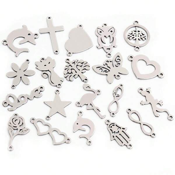 20 pièces Connecteurs de charme en acier inoxydable à double boucle en forme d'étoile, d'arbre, de cœur, mignons. Accessoires de fabrication de bijoux DIY pour colliers, boucles d'oreilles, bracelets