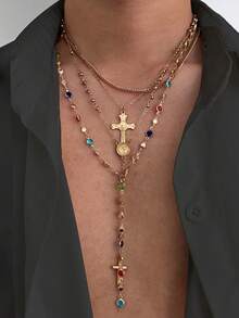 4pcs/Set Vintage Luxurious Multi-Color Crystal Cross Necklace, Men's Casual Outfit Accessory, Holiday Gift - 4pcs - View 3