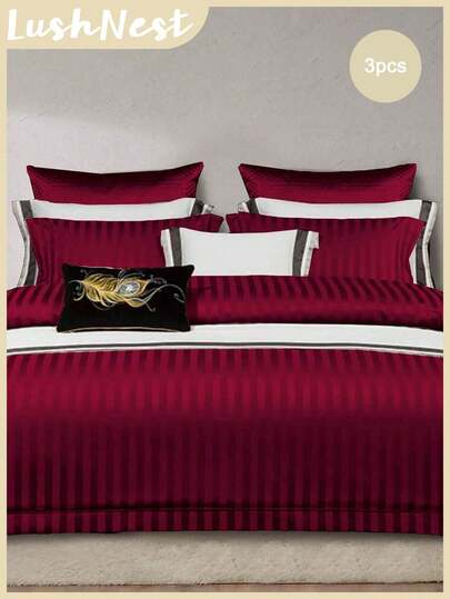 红色缎面羽绒被套 条纹床上用品套装 3 件套 装饰红色被套 柔软超细纤维羽绒被套 适合男孩女孩 1 个羽绒被套 2 个枕套 无被子