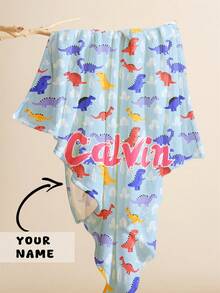 1pc Customizable Text, Dinosaur Pattern, Memorial Blanket. Suitable As A Gift For Girls, Boys, Adults, Valentine's Day, Lightweight, Baby Blanket, Personalized Throw Blanket, Personalized Photo Blanket. Applicable For Home Sofa, Bed, Car, Bedroom, Living Room, Sofa Blanket, Rug, Children Blanket. - Multicolor - View 2