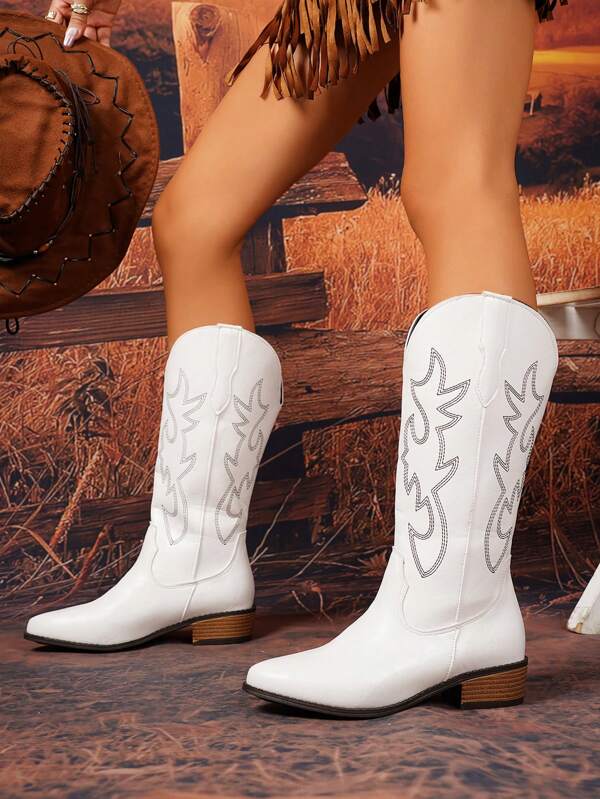 Women's Classic Embroidered Knee-High Boots, Slip-On Pointed Toe Chunky Low Heel Fashionable Retro Classic Tall Boots, Suitable For Girls/Ladies In Autumn/Winter, Western Style For Holidays