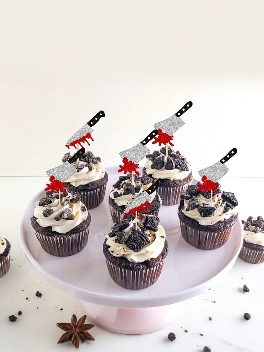 1/12/24 Stück Horror Halloween Cupcake Topper mit Glitzer, gruselige Blutmesser Cupcake Picks für Halloween Themen-Geburtstagsfeiern, Kuchen Dekorationen und Zubehör