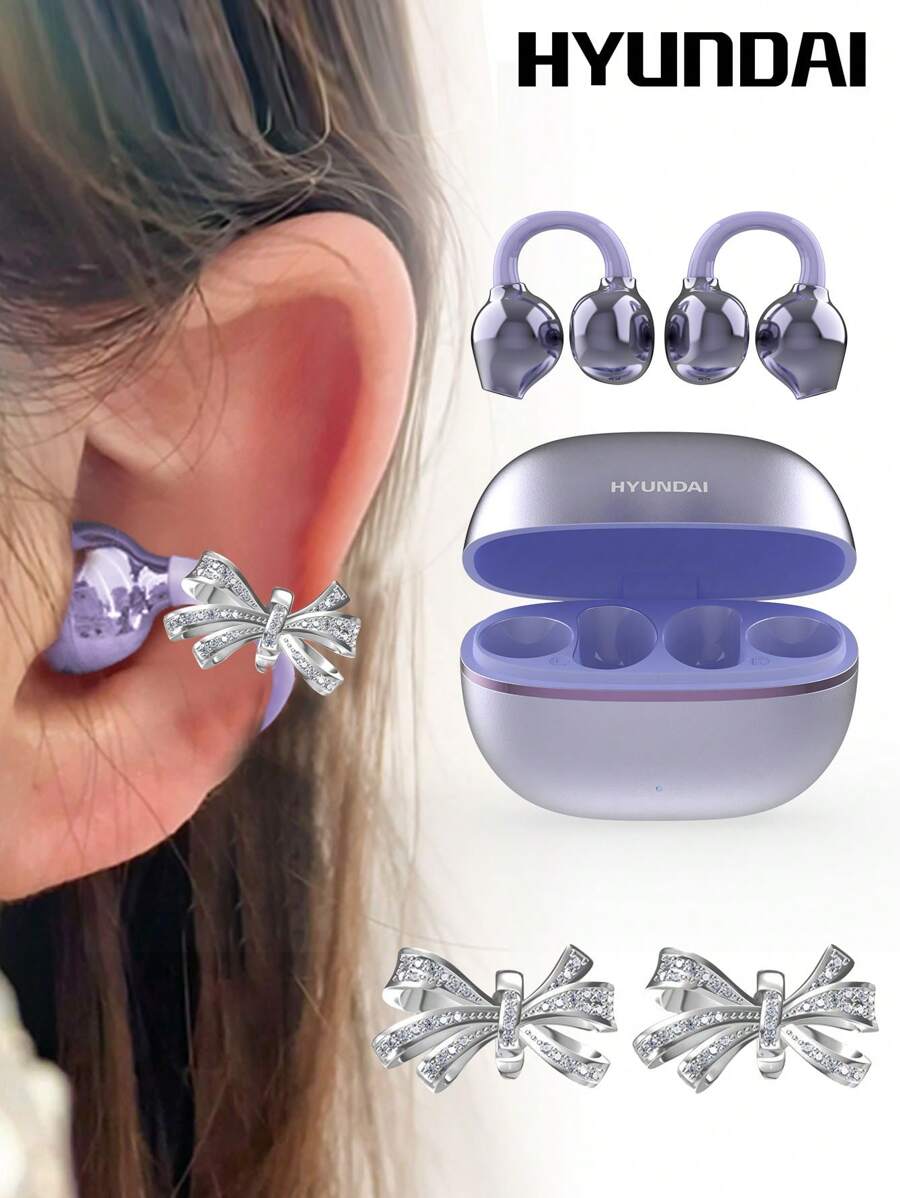 HYUNDAI 现代 EarclipC7 时尚蓝牙耳机，带蝴蝶结耳机配件，夹式耳机，适合运动、音乐、游戏，低延迟，电池寿命长，高清通话带麦克风，IP45 防水，佩戴舒适，无穿孔耳环，时尚配饰，送给女性的礼物