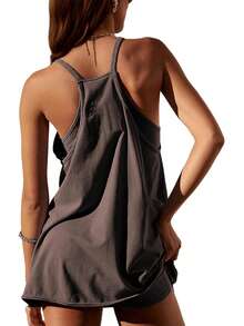 Women's Casual Sleeveless Backless Cami Short Dress With Pockets, Spaghetti Strap Tank Dress For Summer - Coffee - View 2
