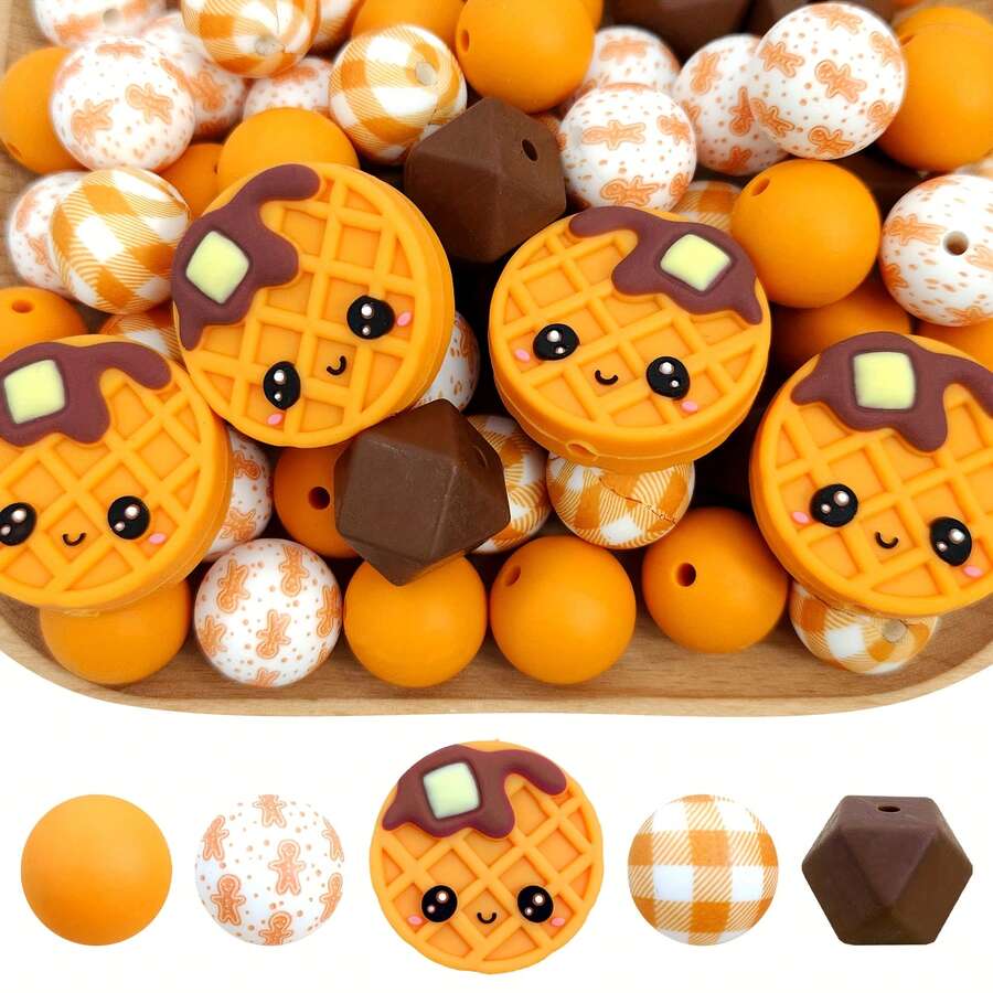 5/25pcs Silicone Bead Waffle Grid Element Silicone Beads, Gingerbread Man Cookie Silicone Beads, Suitable For Jewelry Decoration Beads, Earrings, Necklaces, Bags, Pens, Phone Chains, Makeup Brushes, Keychains And Other DIY Sets, Suitable For Mother's Day, Father's Day, Holiday, Birthday Gifts - Waffle Series - View 1