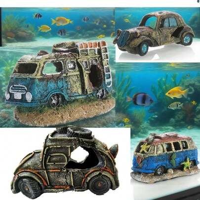 Aquarium Decorations, Retro Car Underwater Aquarium Decor Resin Crafts, Mini Car And Bus For Fish And Shrimp To Hide And Play