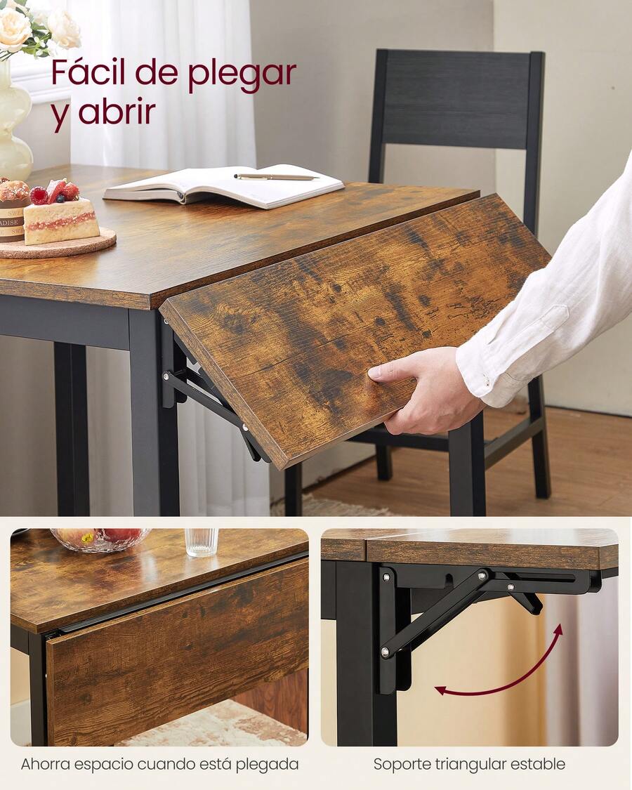 Mesa de Comedor, Mesa Extensible, Mesa de Hoja Abatible, para 2-4 Personas, para Cocina, para Espacios Pequeños, Marrón Rústico y Negro Tinta - Marrón - Ver 1