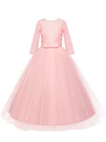Flower Girls Dress Long Lace Bridesmaid Dress 3/4 Sleeves Floor Length Wedding Party Evening Formal Pegeant Maxi Tulle Ball Gowns - 淺粉色 - 查看 3