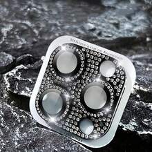 1 Set Glitter Shiny Diamond Metal Ring Tempered Glass Back Camera Screen Protector Lens Cover Compatible With IPhone - Black - View 10