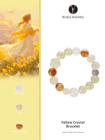 VE 1 pieza Pulsera de plata de ley S925 de alta calidad con cuarzo amarillo natural y encanto de carpa y flor de loto de cuarzo blanco, trae buena suerte y éxito en la carrera, adecuado para uno mismo, novia, amiga, madre, unisex. Color de la joyería surtido al azar