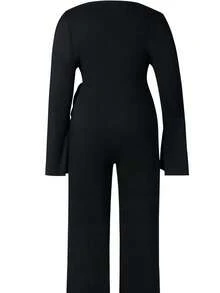 Plus Size Women's Black Minimalist Sexy Elegant Fashion V-Neck Tie Design Asymmetrical Split Long Sleeve Jumpsuit, Suitable For Birthday, Party