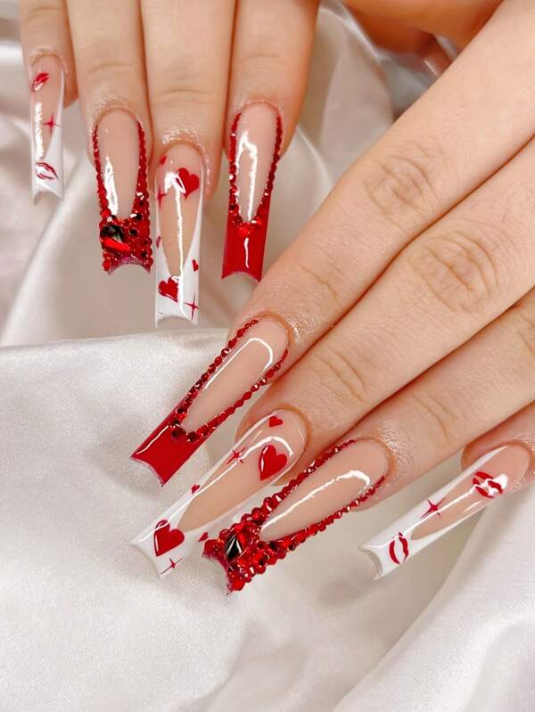 10Pcs Handmade Extra Long Press On Nails Square Shape Y2K Style, White Red Hand-Drawn Sparkling Glitter, Gift Box Packaging, Nail Tool, Summer & Wedding & Prom & Party & Daily Wear, For Women & Girls, Reusable Easy To Wear - Nailrosy