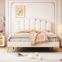 Caluself Cama doble 140 x 200 cm, cama tapizada Bubble Bed con cabecero ajustable, estructura de cama, plataforma con espacio de almacenamiento debajo de la cama, cama juvenil, somier de láminas, terciopelo - Beis - Ver 3
