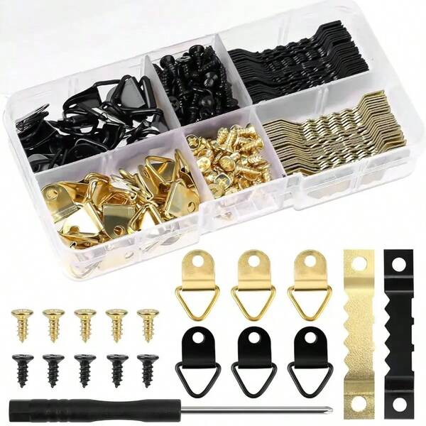 251 piezas Kit colgador de cuadros con ganchos de metal, colgadores de sierra de acero al carbono, anillos en D y tornillos - Ganchos para montaje en pared de alta resistencia para marcos de fotos en dormitorio, oficina, sala de estar - Instalación segura en corcho y madera dura
