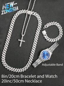 5 Pcs Hip Hop Gift Watch+Cross Pendant Necklace+Bracelet Creative Iced Out Miami Link Chain Jewelry Set For Men And Women - Royal Blue - View 3