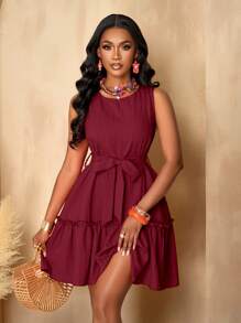 AIJ Amarilo Women's Casual Holiday Solid Color Sleeveless Dress, Suitable For Daily Work And Shopping - Red - View 6