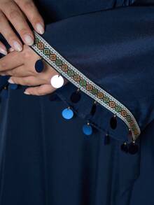 Mgiacy-Classy Women's Solid Color Woven Beaded Arabic Abaya