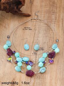 Boho-Chic 3pcs Summer Jewelry Set - Colorful Beaded & Turquoise Necklace And Earrings, Perfect For Parties & Vacations - Pink - View 11