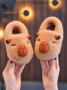 1 Pair Kids Cartoon Style Cute Thick Warm Indoor Slippers With Heel, Suitable For Boys And Girls, Autumn/Winter