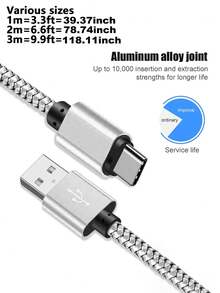 1pc USB-C Fast Charging Cable [3.3ft/6.6ft/10ft] USB-A To C Nylon Braided Charging Cord, Compatible With Samsung Galaxy S25 S24 S23 S22 S21 S10, Note 20 10 9 A51 G8 G7, Pixel, And Other USB-C Devices - Silver - View 8