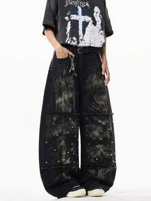 1pc Unisex Rivet Patchwork Washed Distressed Flare Leg Jeans, High Street American Style Casual Loose Pants, Emo Style - Black - View 5