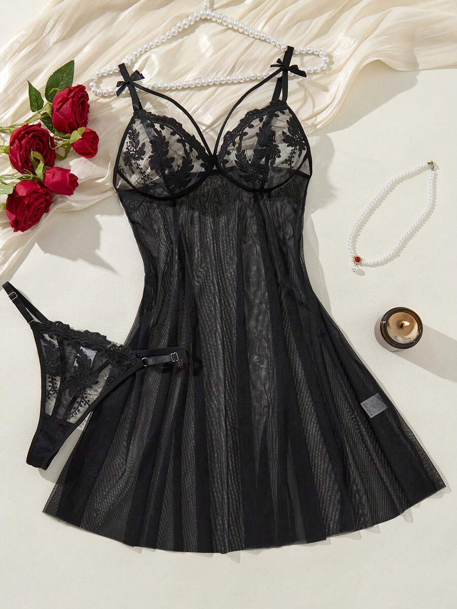 Women's Two-Piece Wine Red Palace Mature Charm - Gorgeous Sexy Nightdress, Embroidered Bow Bra, Soft And Comfortable Home Clothes, Suitable For All Seasons Semi-Transparent Thin Skirt, Christmas And Halloween Gifts - 黑色 - 查看 1