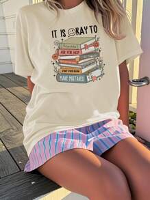 返校必备！这款休闲印花圆领短袖T恤是夏季女孩的理想之选，也是年轻学生校园穿搭的完美搭配。它印有“热爱学习和阅读”的图案，展现女孩的艺术个性，激发她们的想象力和自我表达！女童印花T恤，夏季上衣，青少年服装。