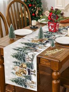 1pc 35*180cm/13.78*70.87inch Christmas Table Runner, Polyester Santa Claus & Snowy Landscape Style Decorative Table Runner, Winter Holiday Decor Fabric Suitable For Farmhouse, Christmas Dinner, Dining Table, Kitchen Festival Decoration - Christmas - View 1