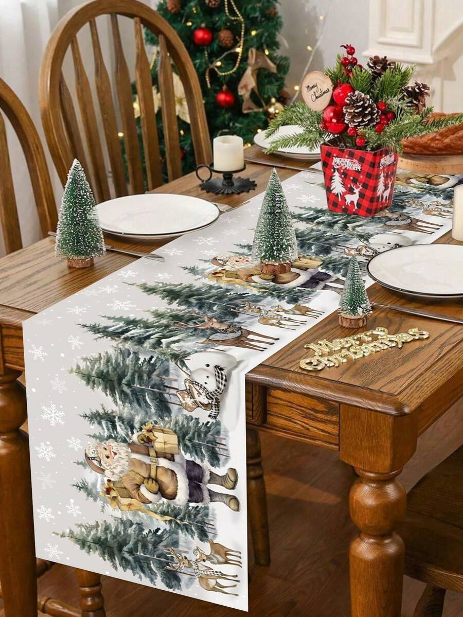 1pc 35*180cm/13.78*70.87inch Christmas Table Runner, Polyester Santa Claus & Snowy Landscape Style Decorative Table Runner, Winter Holiday Decor Fabric Suitable For Farmhouse, Christmas Dinner, Dining Table, Kitchen Festival Decoration - Christmas - View 1
