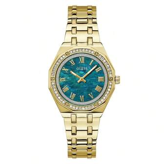 Guess Desire GW0770L2 Elegant Dam Quartz Armbandsur, Modern Design, Grön Rund Urtavla, Guldfärgat Rostfritt Stålarmband, Modernt Boett Med Kristaller, Lämplig För Vardagliga Affärstillfällen, En Perfekt Gåva För Kvinnor