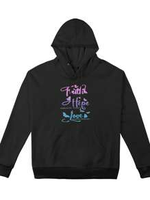 Faith Hope Love Print Women's Casual Black Hoodie All-Season Polyester Sweatshirt With Front Pocket And Drawstring Hood, Sweater Hoodie - 黑色 - 查看 5