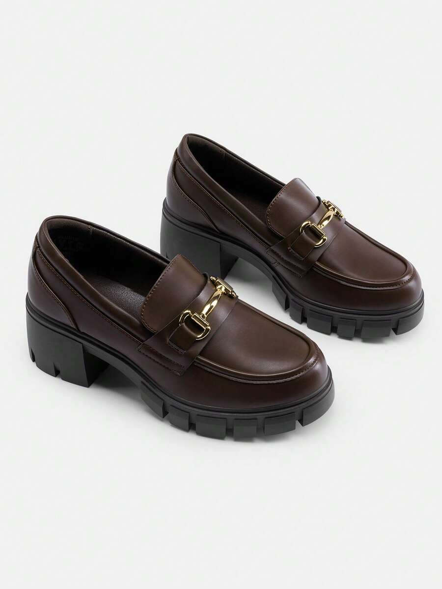 Women Chunky Loafers 2.17-Inch Heel Platform Loafers Pumps Slip On Casual Street Fashion Elegant Versatile Shoes - màu nâu - Xem 1