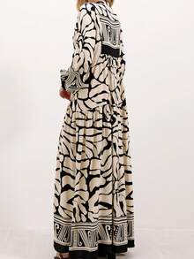 Women's Solid Color Tassel Tie-Front Lantern Sleeve Ruffle Hem Elegant Dress - Beige - View 4