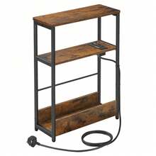 Slim Side Table With Charging Station, 3-Tier Narrow Bedside Table, End Table For Small Spaces, Magazine Rack, For Living Room, Bedroom, Study, Rustic Brown And Ink Black - UK Plug(220-240V) - View 8